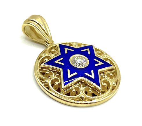 14K Gold & Diamond With Blue Enamel Star of David Necklace